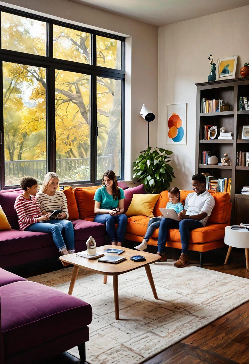 A cozy living room with a family joyfully connecting through various devices, showcasing the seamless integration of DD-WRT technology. Bright sunlight streaming through the windows highlights a modern router, while colorful wireless signals emanate throughout the space, symbolizing connectivity. The atmosphere should radiate warmth and happiness, with pets and kids playing, reflecting the transformational impact of better networking. digital art. vibrant colors. cozy atmosphere.