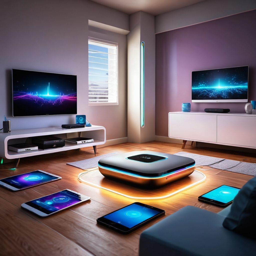 A futuristic router with glowing lights, surrounded by various connected smart devices like a smartphone, tablet, and smart home appliances, all showcasing advanced networking features. The background should depict a cozy living room setting with a touch of modern technology, illustrating joyful living. Incorporate vibrant colors and a sleek, minimalist design. 3D digital art. hyper-realistic.